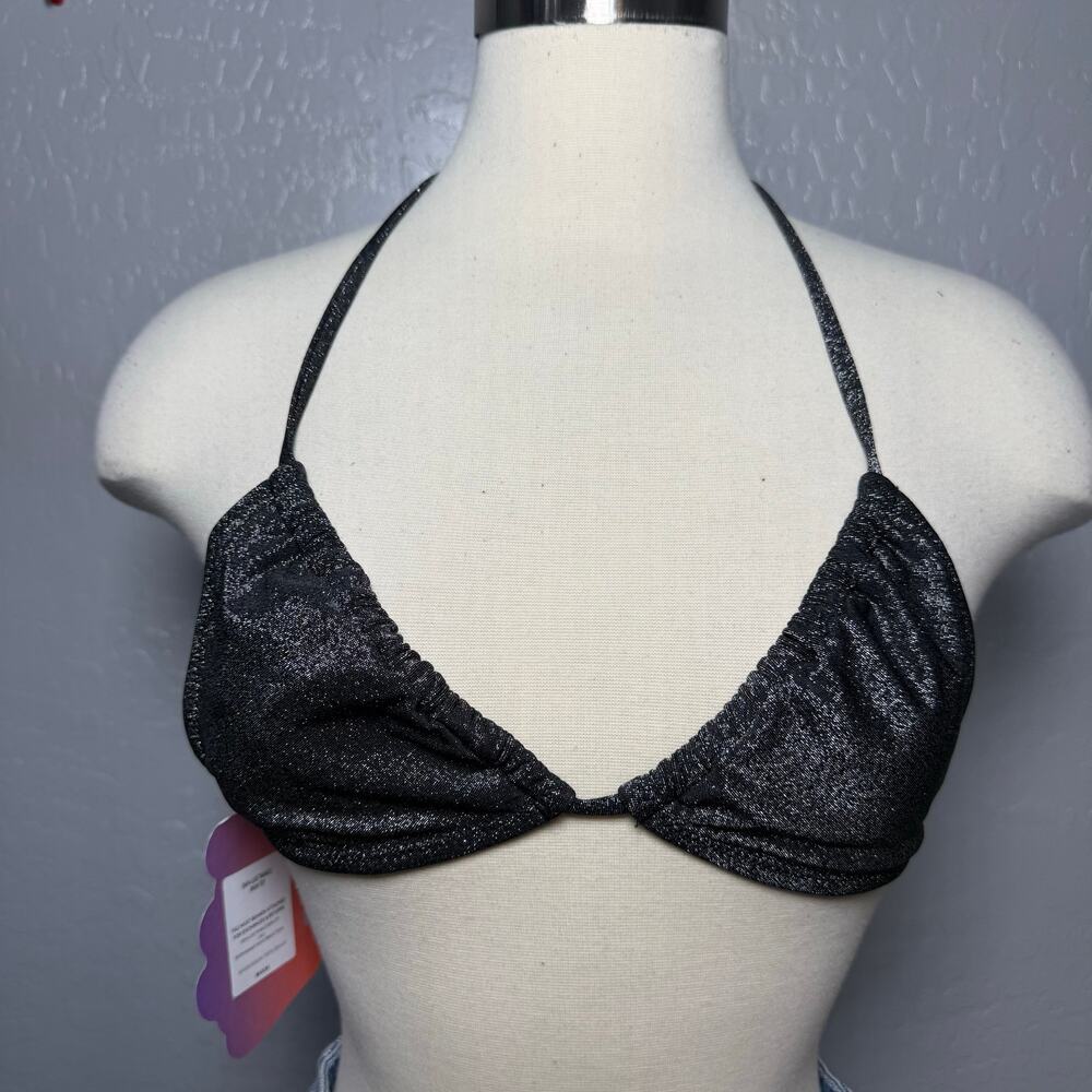 Yitty Swim Luxe Triangle Bikini Top Shimmer Black Silver Metallic XS String New⁠